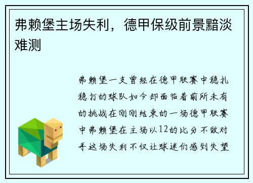 弗赖堡主场失利，德甲保级前景黯淡难测